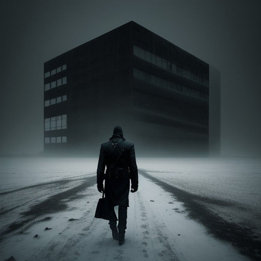 Man in a Leather Jacket Walks Through Brutalist Architecture...