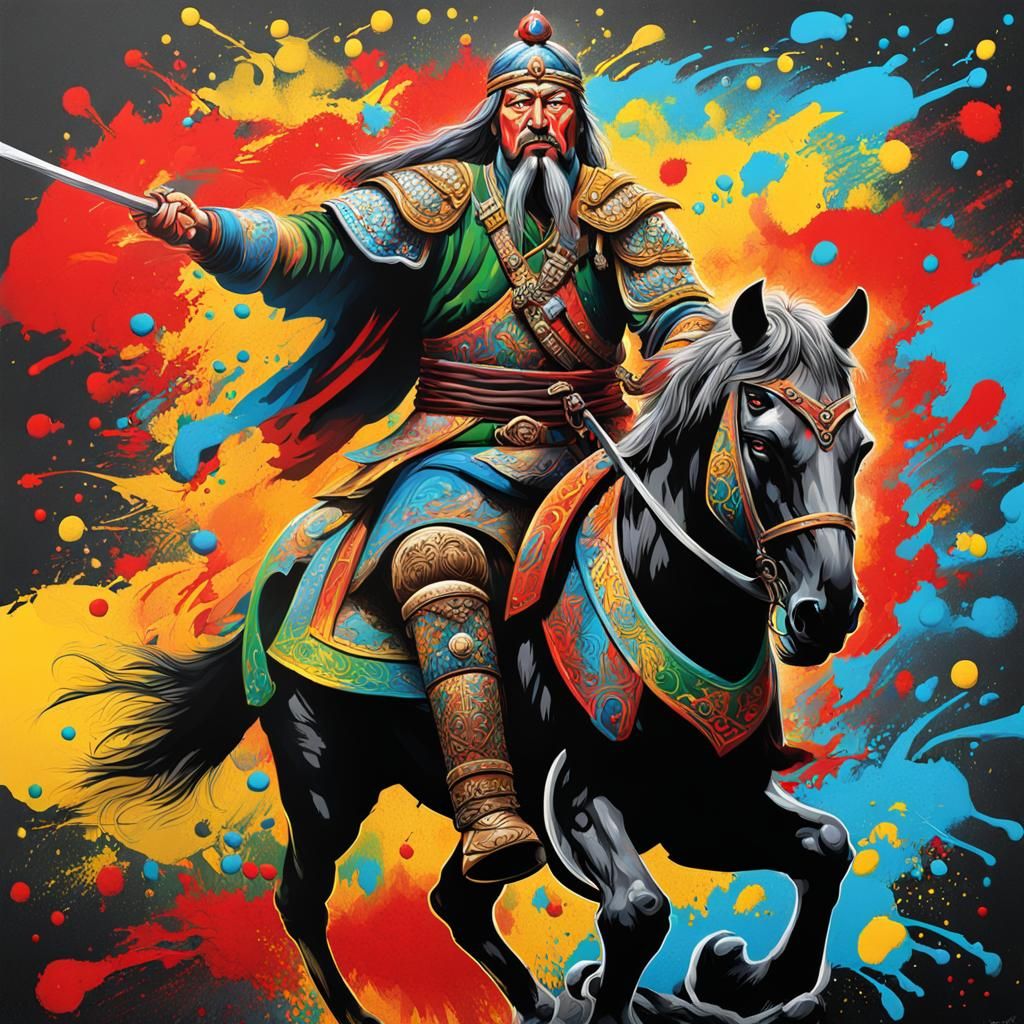 Genghis Khan: Fierce Warrior in Colorful Graffiti Art