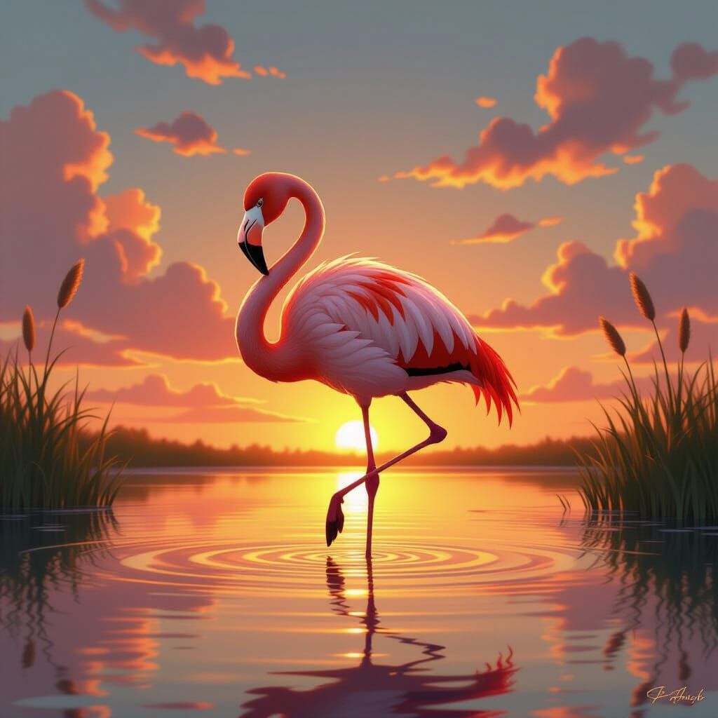 Flamingo Sleeping Peacefully in Sunset Wetland