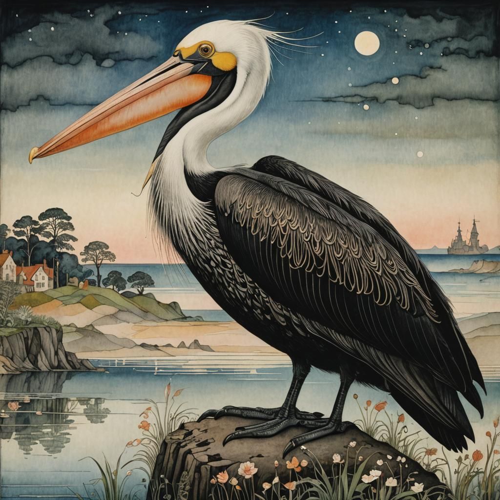 Pelican in Morning Light: Vintage Illustration