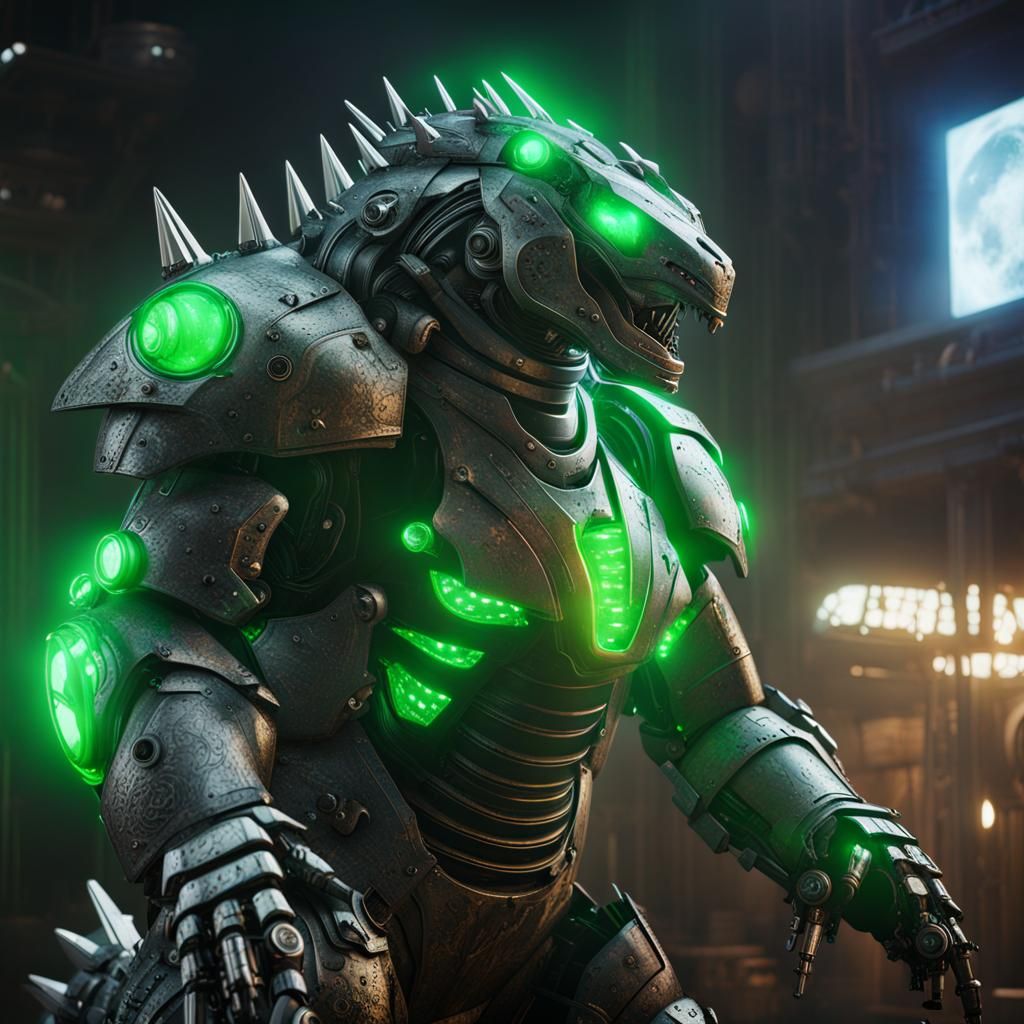 Mechagodzilla with Green Lights in Detailed Matte Painting