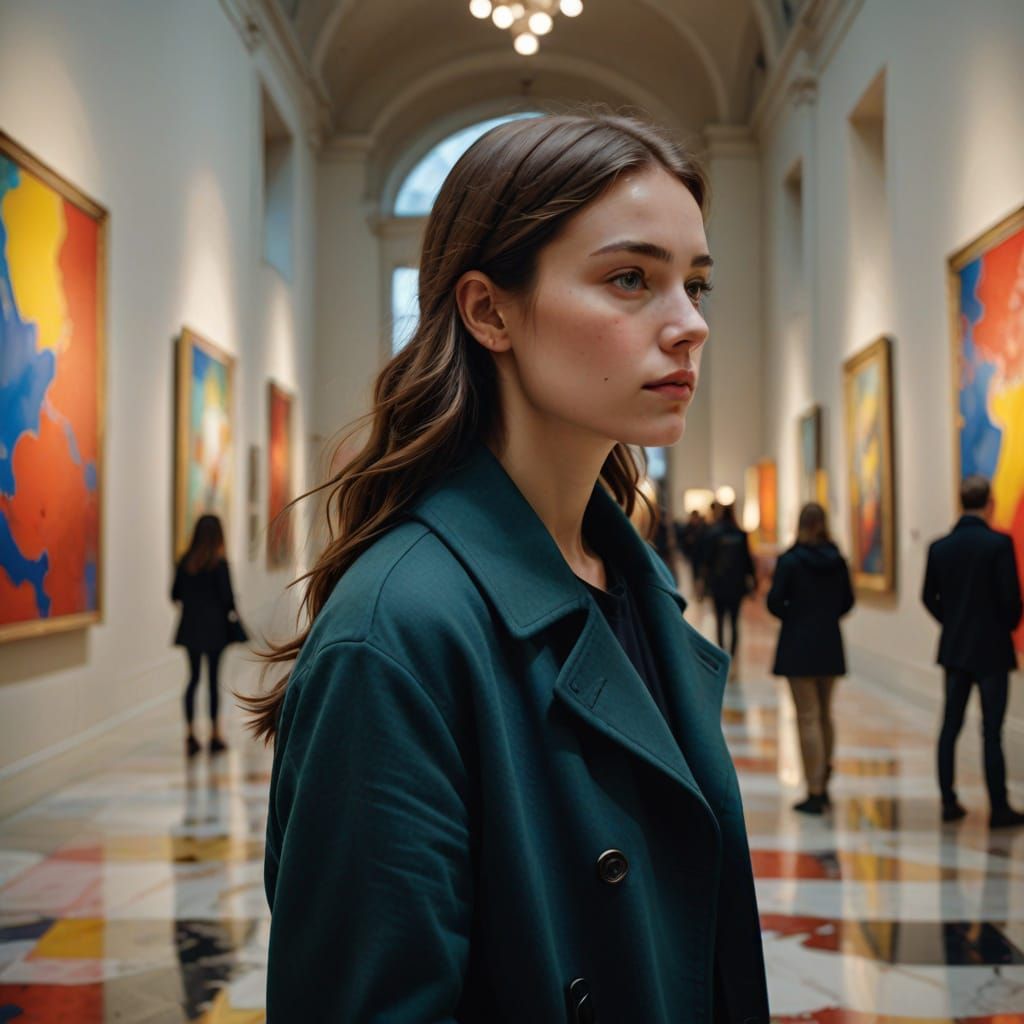 Modern Woman in Museum Admires Art