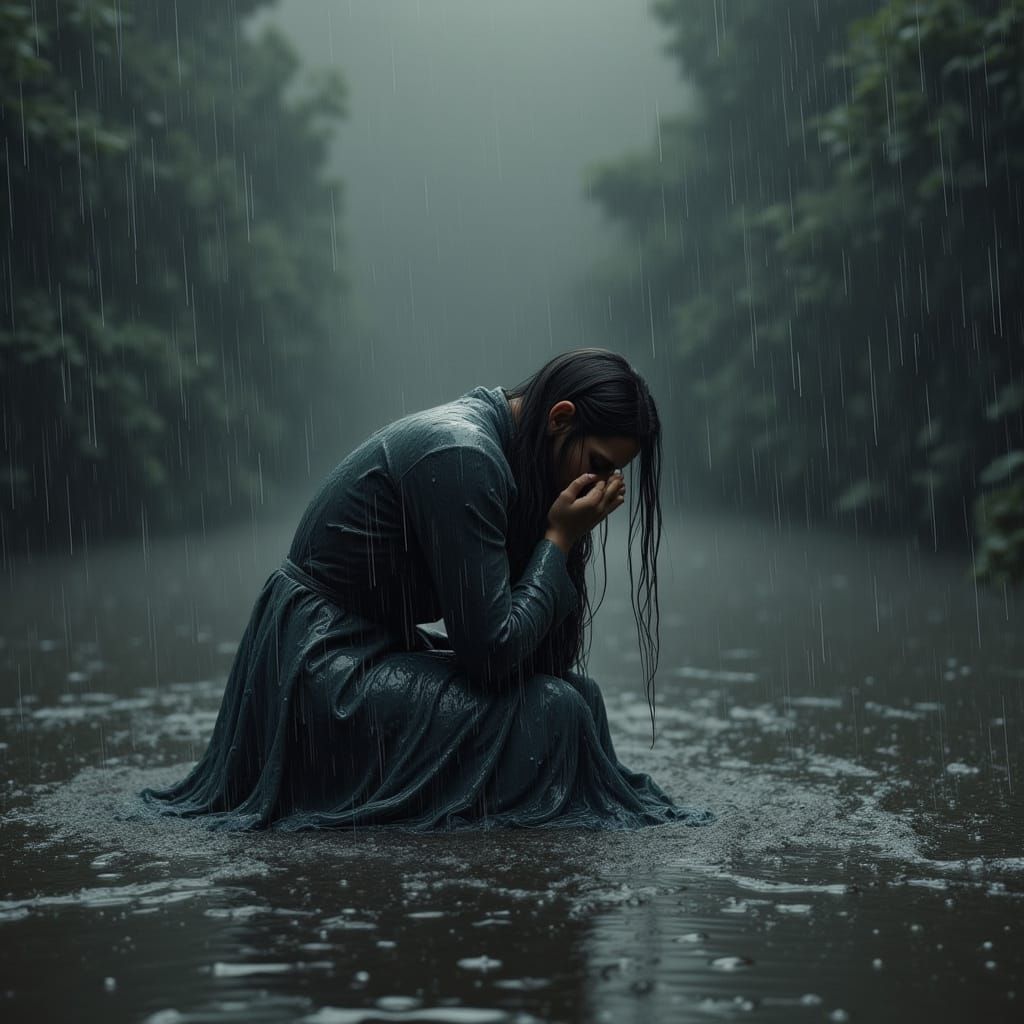 Grieving Woman in Floodwater: A Melancholic Scene