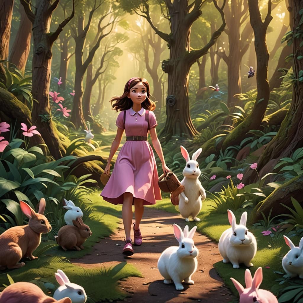 Girl in Pink Dress in Lush Forest: Pixar-Style Art