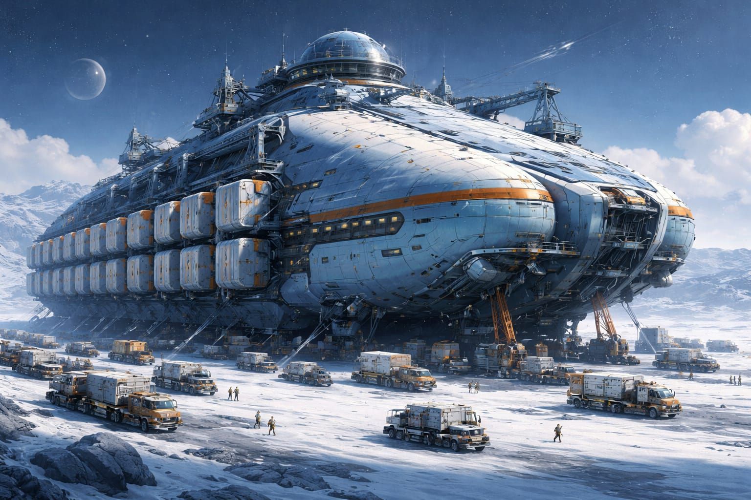 Gigantic Cargo Spaceship Unloading on Frozen Planet