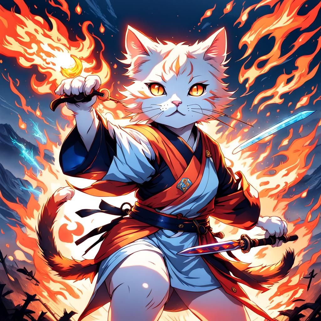 Anime Cat Warrior with Flaming Sword