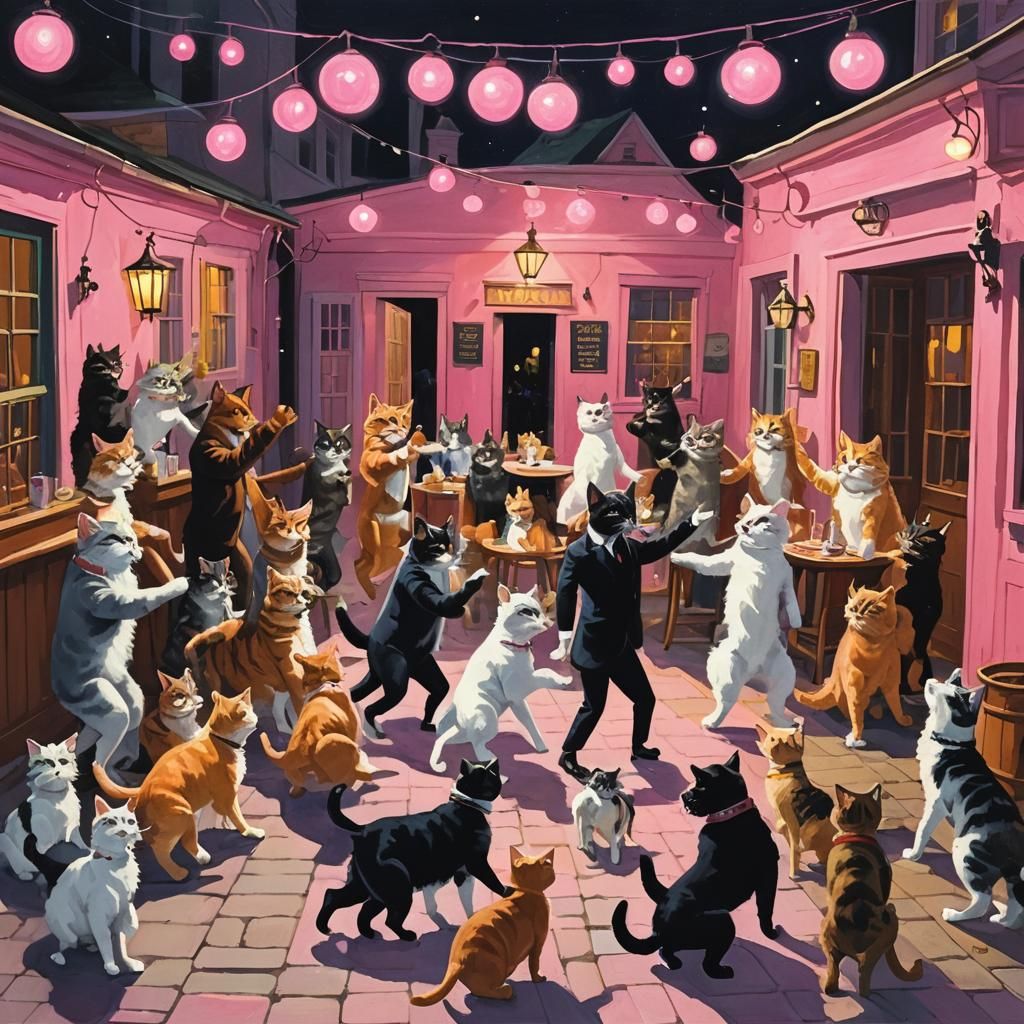 Cats and Dogs Dancing: Gouache Nightlife Scene