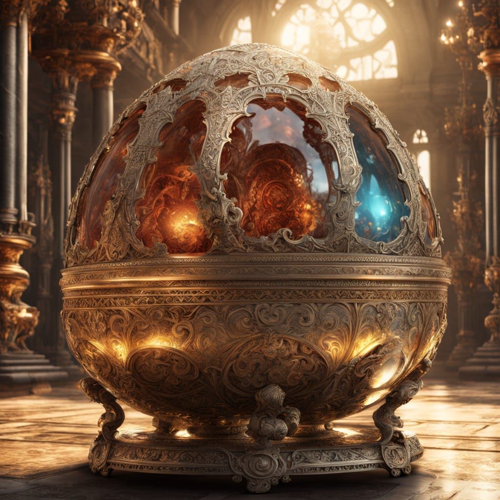 Ethereal Fabergé Eggs Float in Dreamlike Steampunk Scene