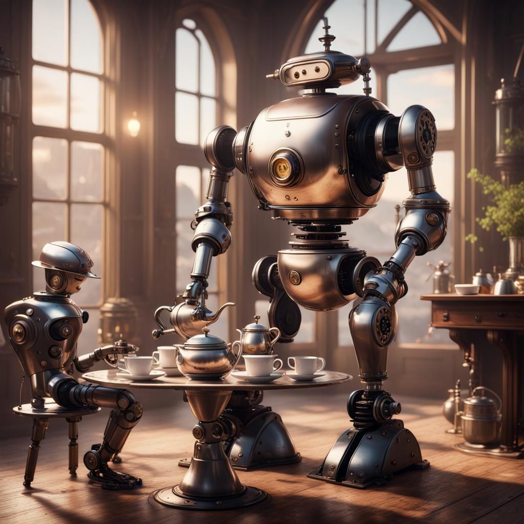 Steampunk Robot Butler Serves Tea in 8K