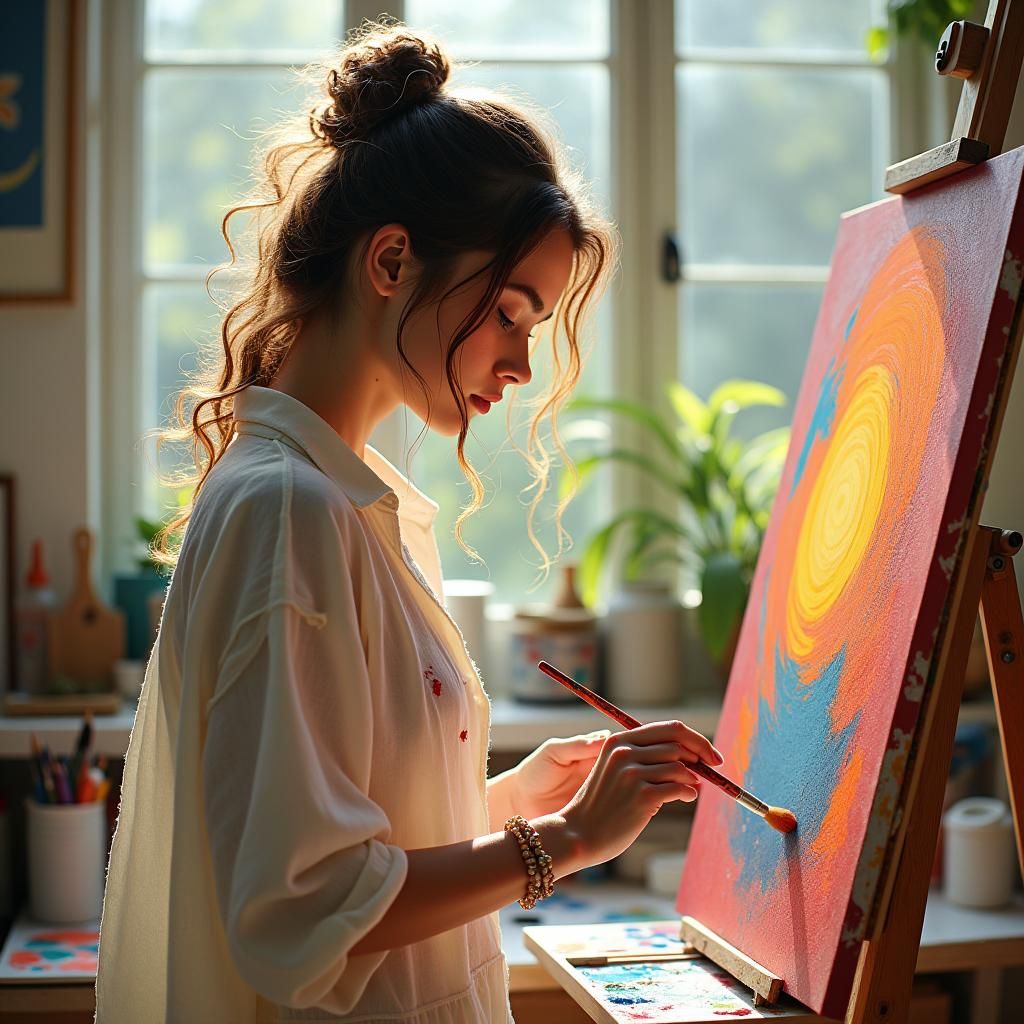 Artist Immersed in Painting in Bright Studio