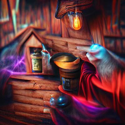 Medieval Magician Brewing Potion in Forest Cabin