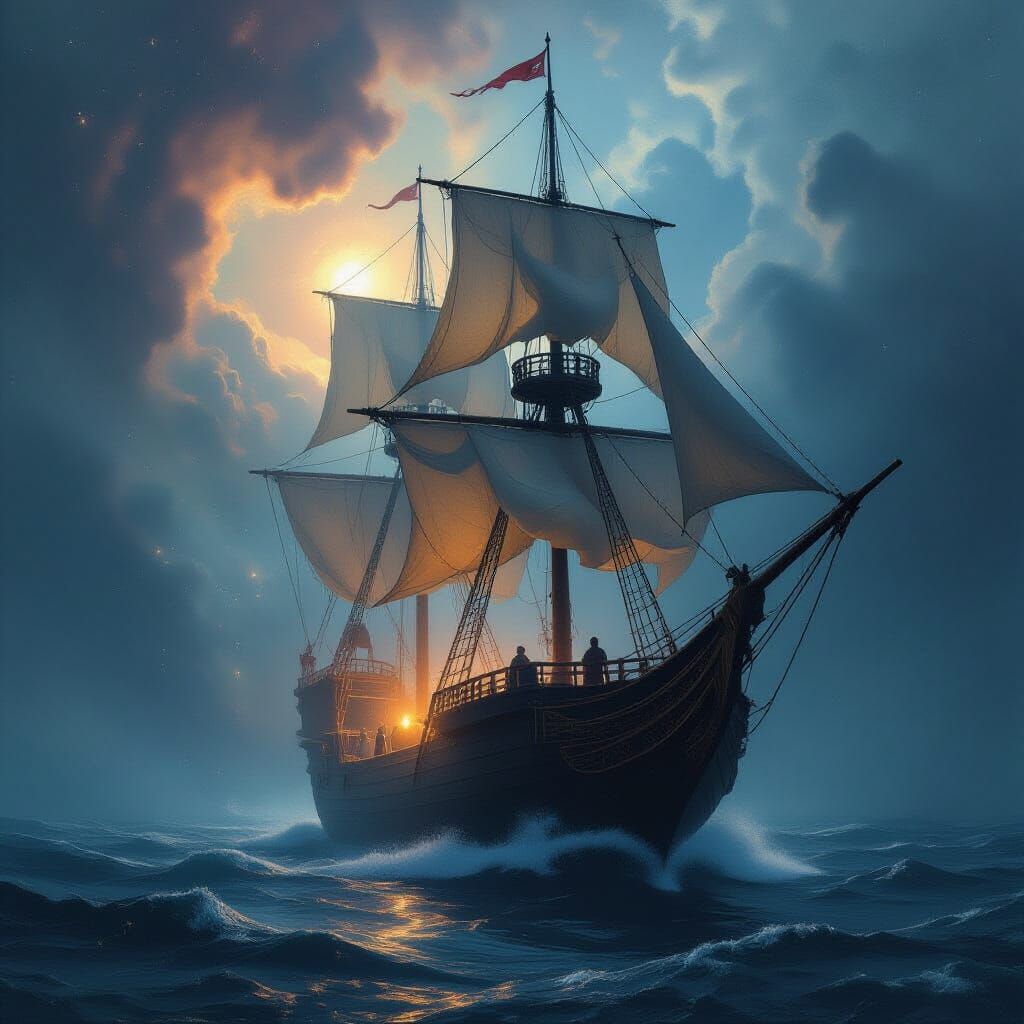 Spectral Galleon Navigates Nebula in Dreamlike Digital Art