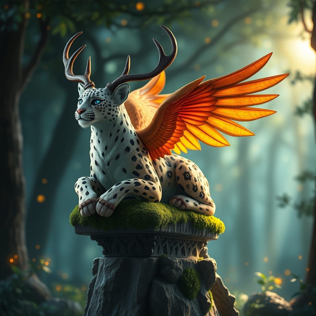 A digital painting of an Espantosa quimera – a fantastical beast composed of disparate animal parts, resting serenely on...