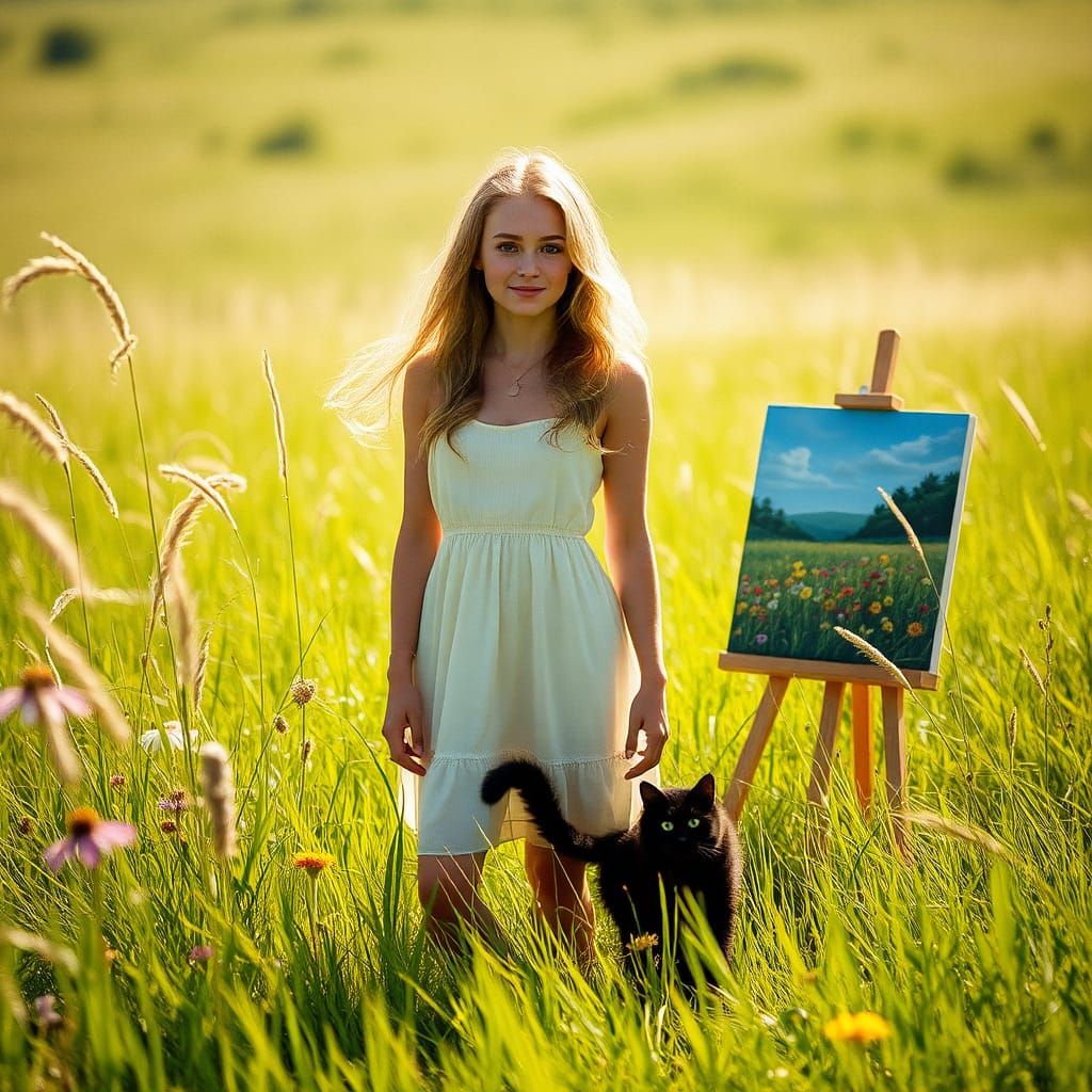 Kara in Sun-Drenched Meadow with Cat
