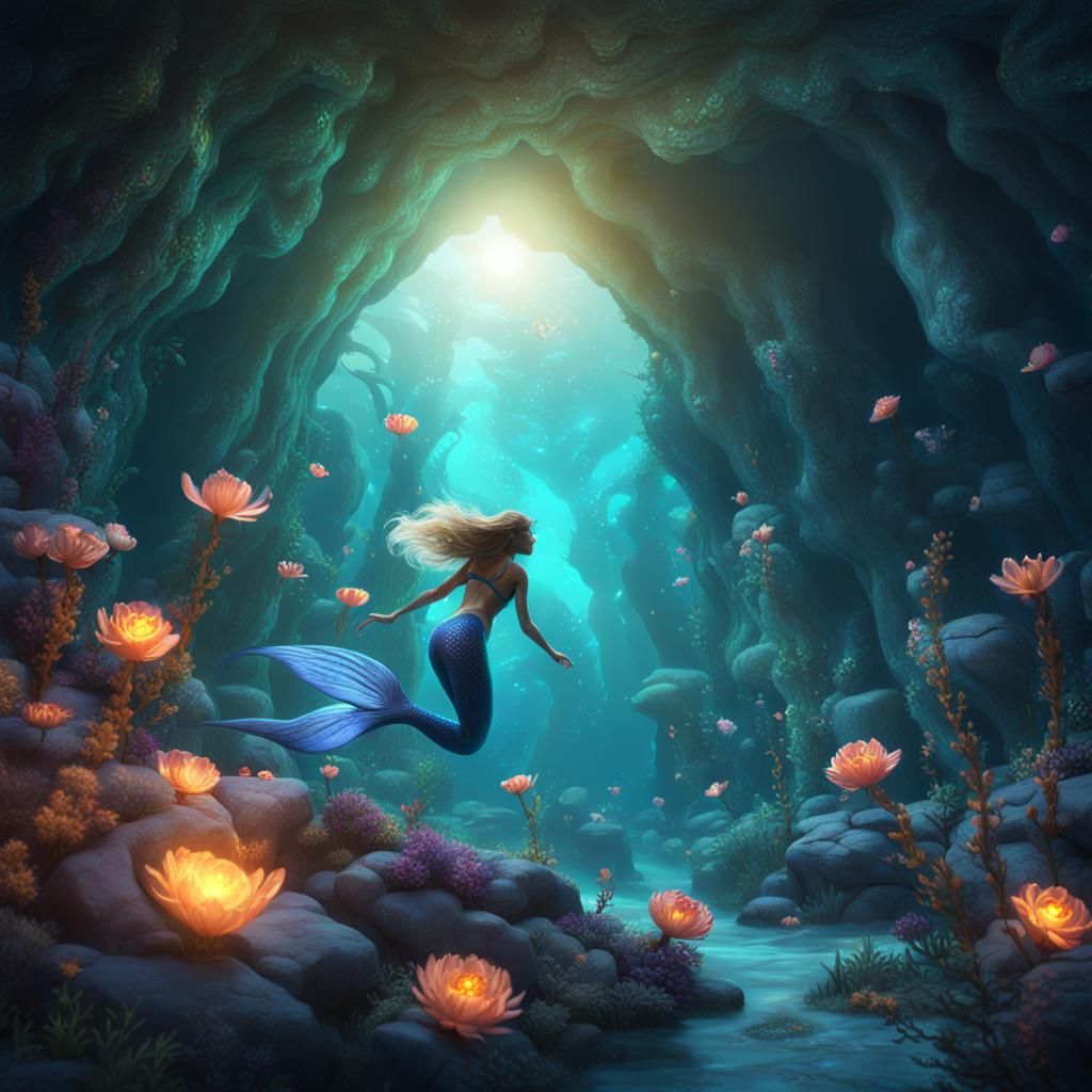 Mermaid in Underwater Cave with Glowing Flowers