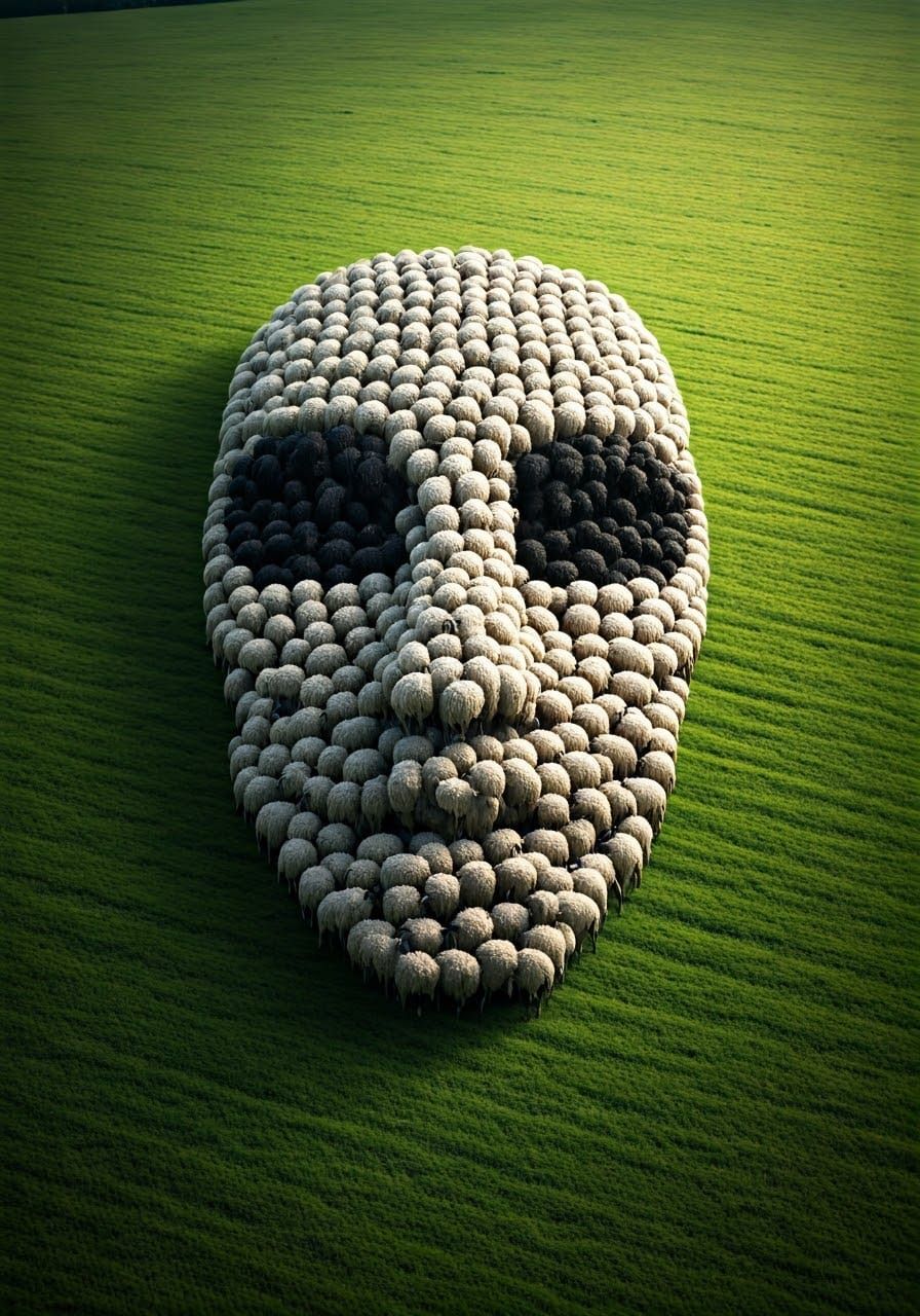 Surreal Landscape with Sheep in Emerald Field