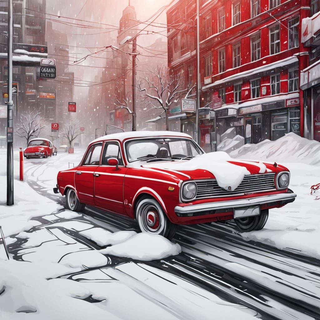 Hyperrealistic Street Art of a Red Car Stuck in the Snow