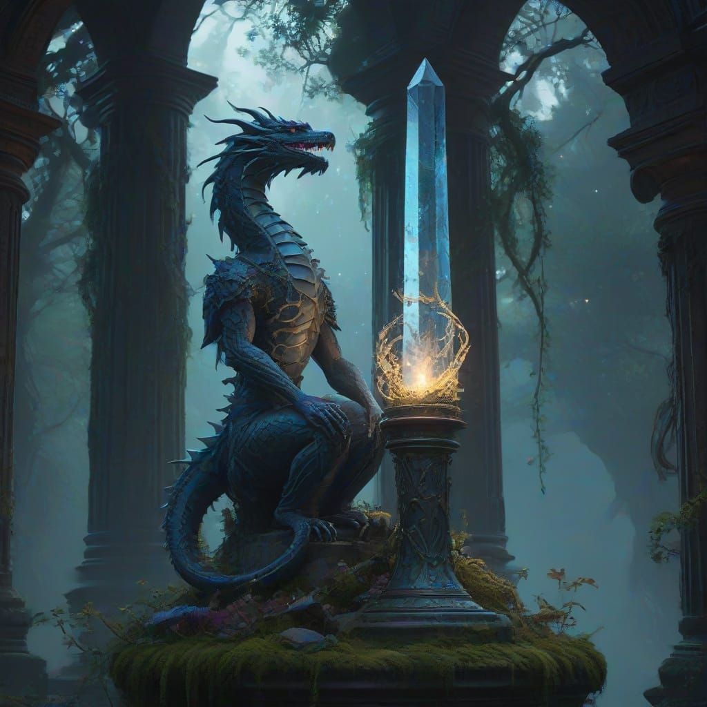 Celestial Dragon Coiled Around Crystal Obelisk