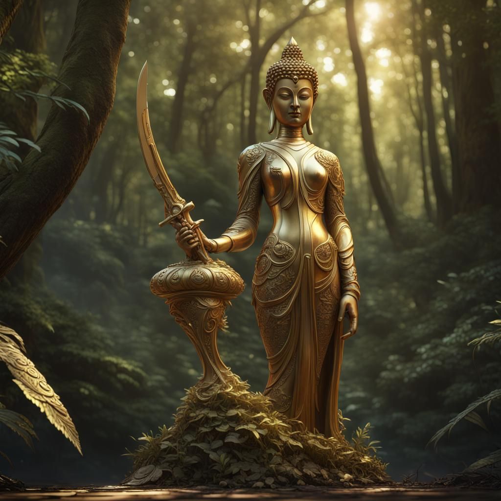 Gold Buddha Statue in Forest, Dark Fantasy Art