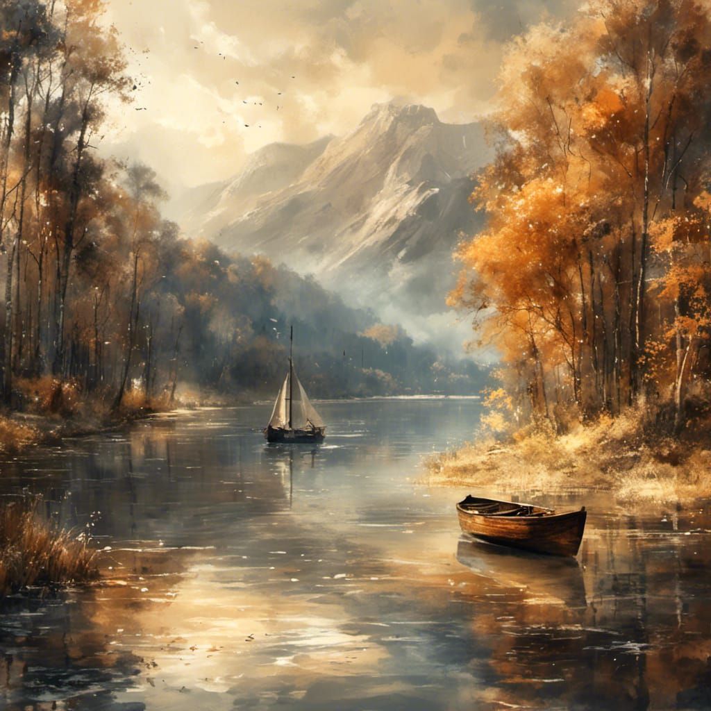 Watercolor River Landscape with Boat in Warm Tones
