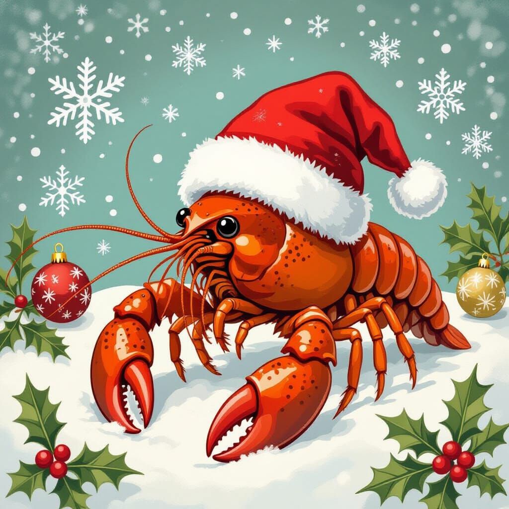 Festive Crayfish Celebrates Christmas: Whimsical Illustratio...