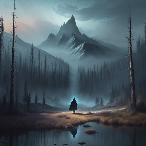 A lone traveler, cloaked in shadows and mystery, wanders thr...