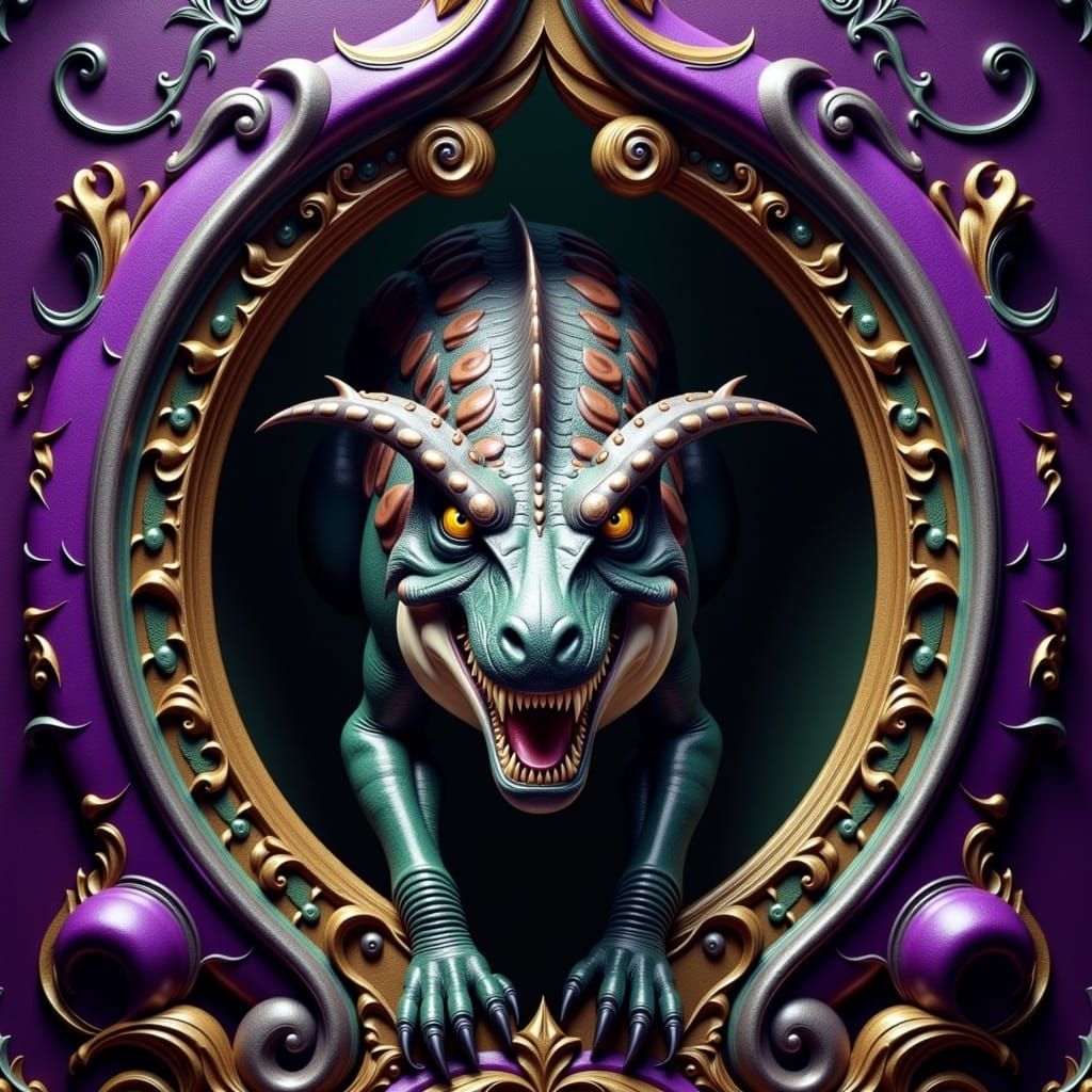 T-Rex Portal in Baroque Interior, Deep Purple Hues