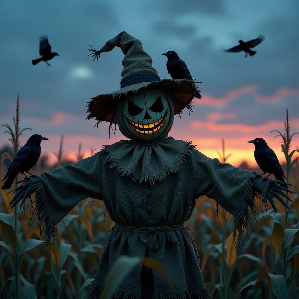 Eerie Scarecrow Sentinel in Twilight Cornfield: Rural Horror