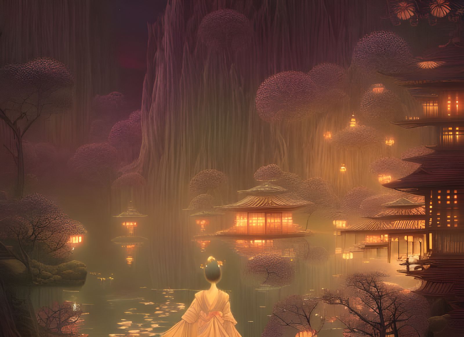 Japanese Sorceress in Dreamy Biopunk Village