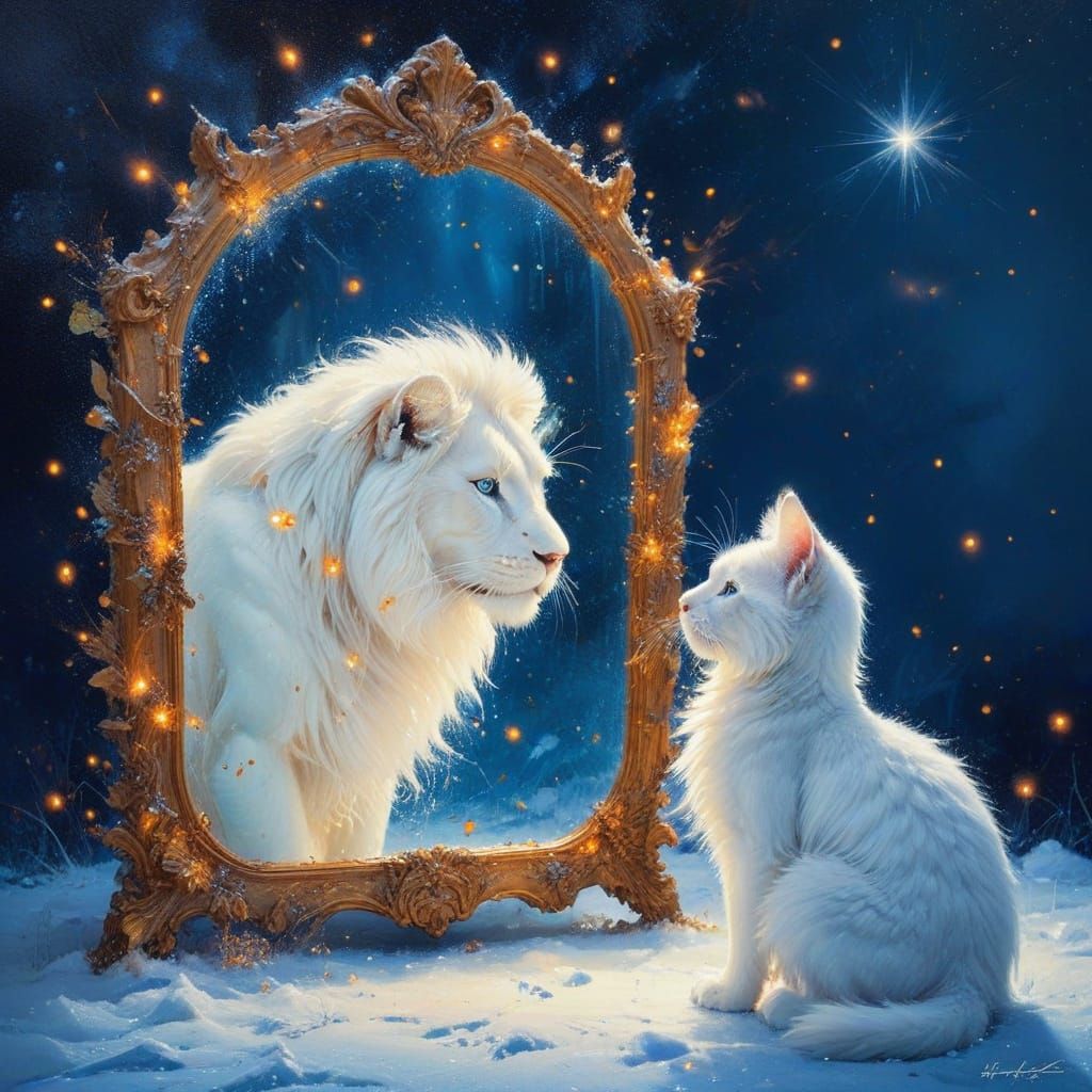 Whimsical Cat Encounter in Magical Nighttime Scene