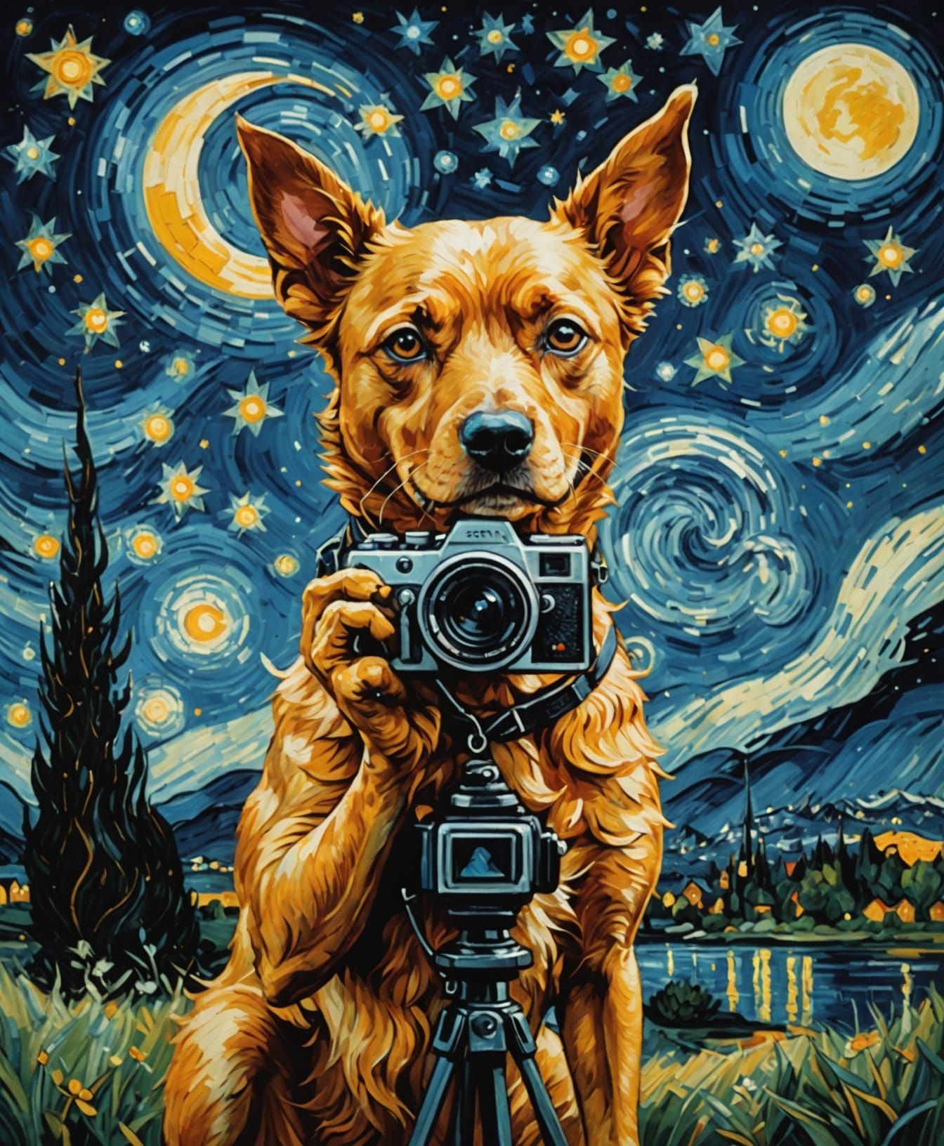 Whimsical Dog Photographer in a Starry Night Scene
