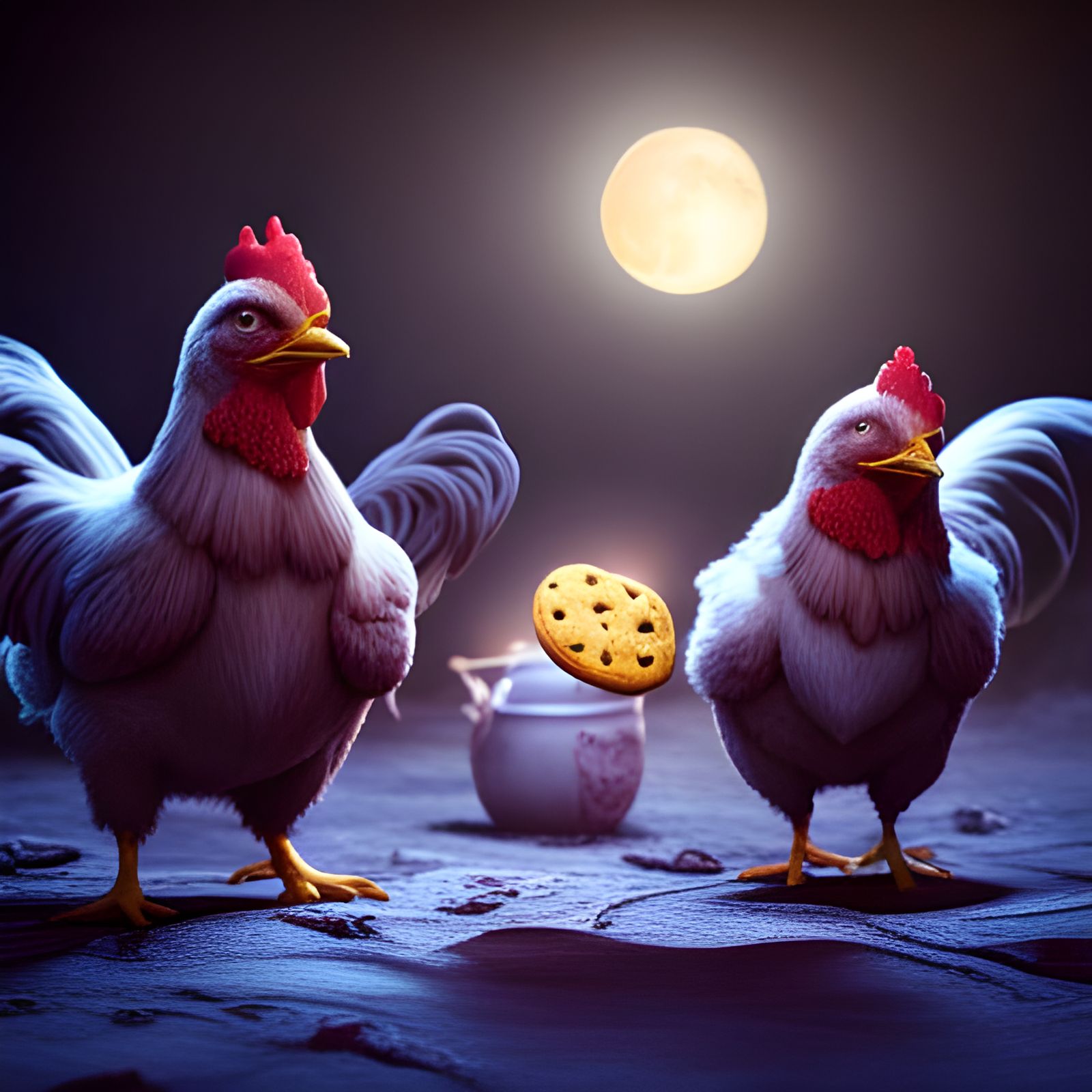 Happy Chickens Enjoying Cookies in Detailed Digital Painting