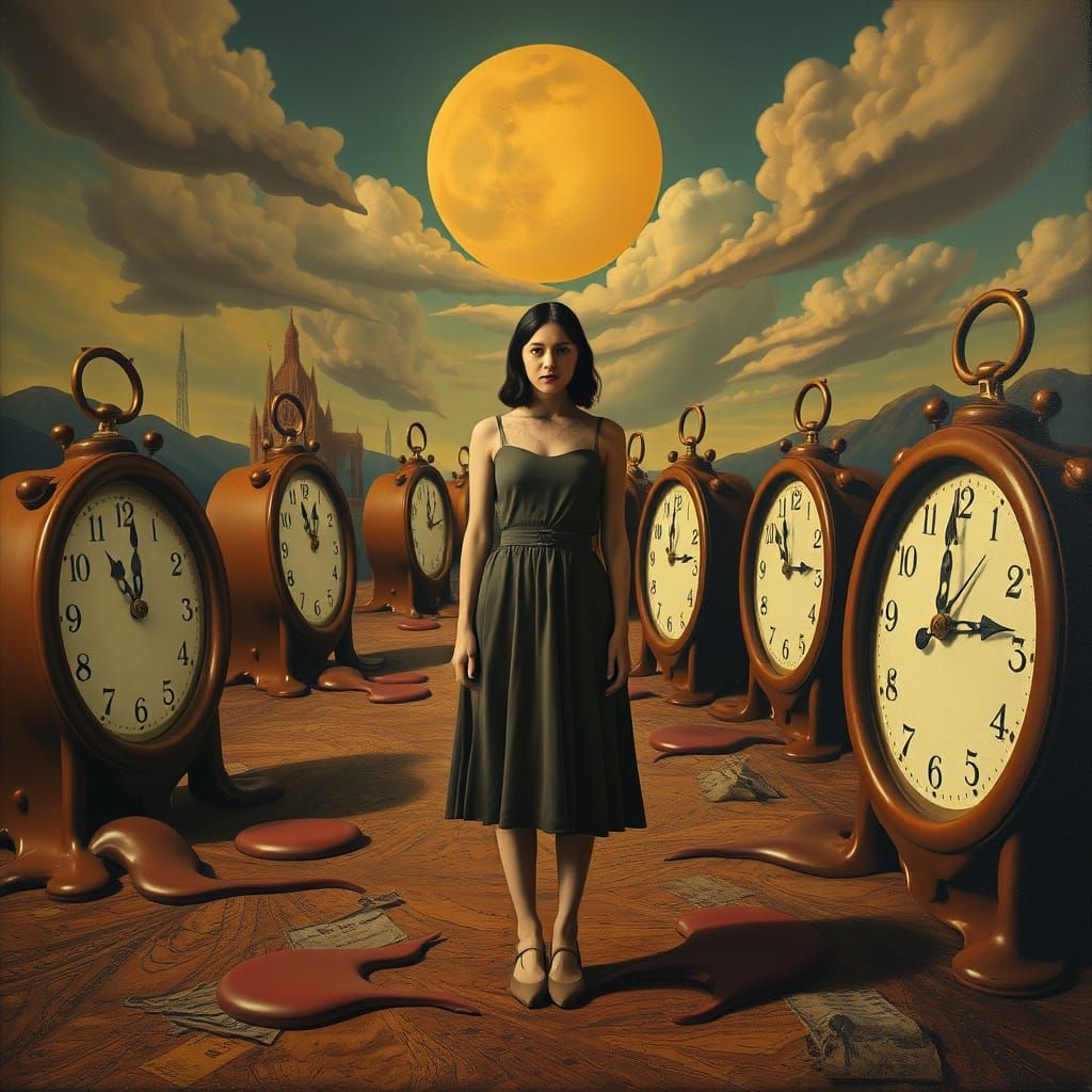Surreal Woman in Dreamlike Landscape with Melting Clocks