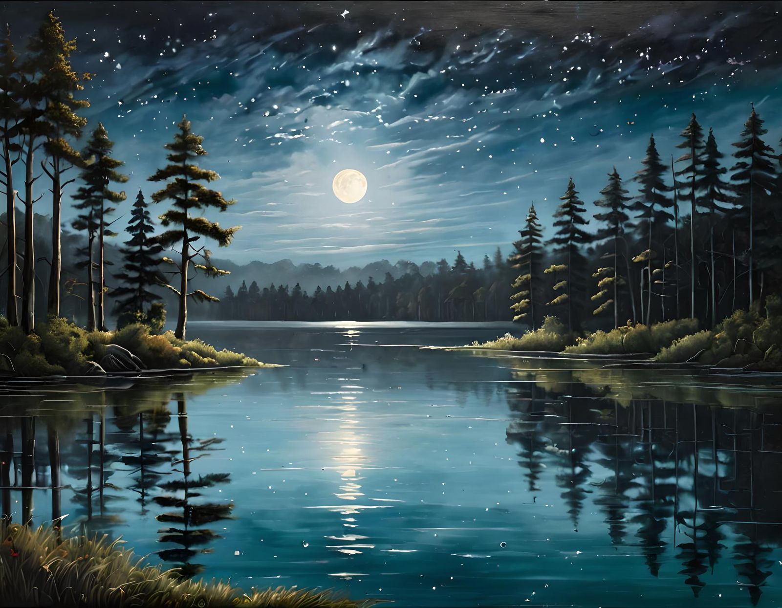 Moonlit Lake Reflections: Oil Painting Serenity