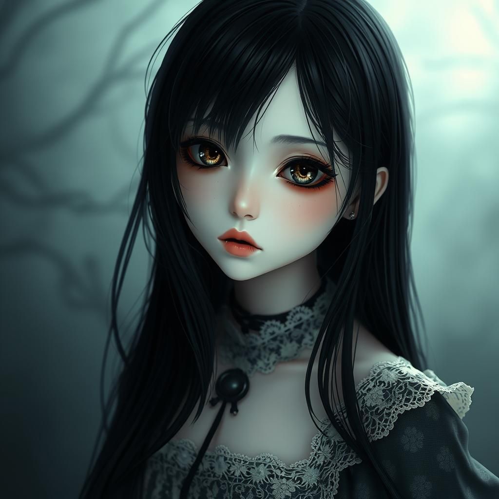 Haunting Anime Girl with Onyx Eyes in 3D Art