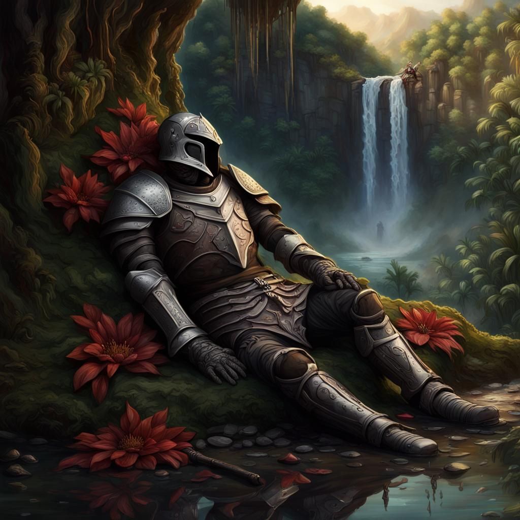 Dead Knight by Waterfall: Detailed Matte Painting