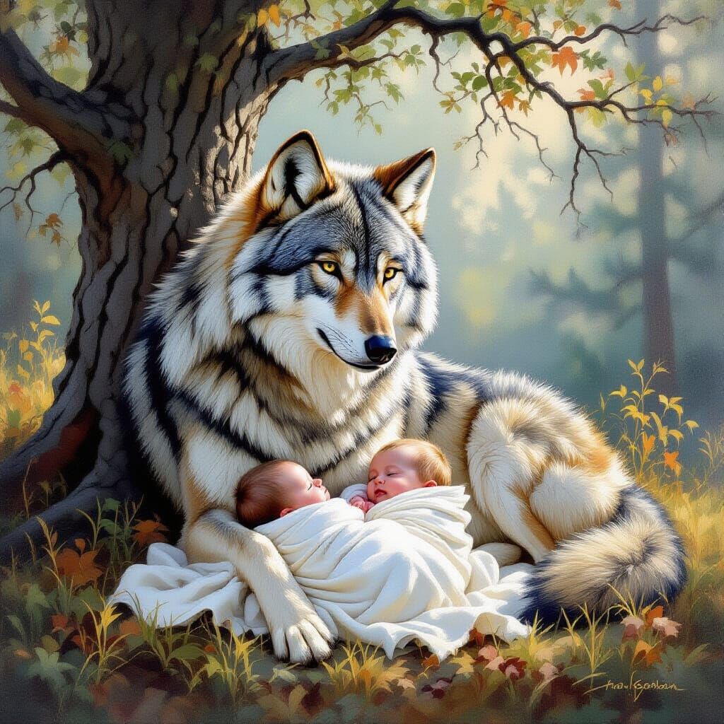 She-Wolf Protects Babies Near Tree, Oil Painting