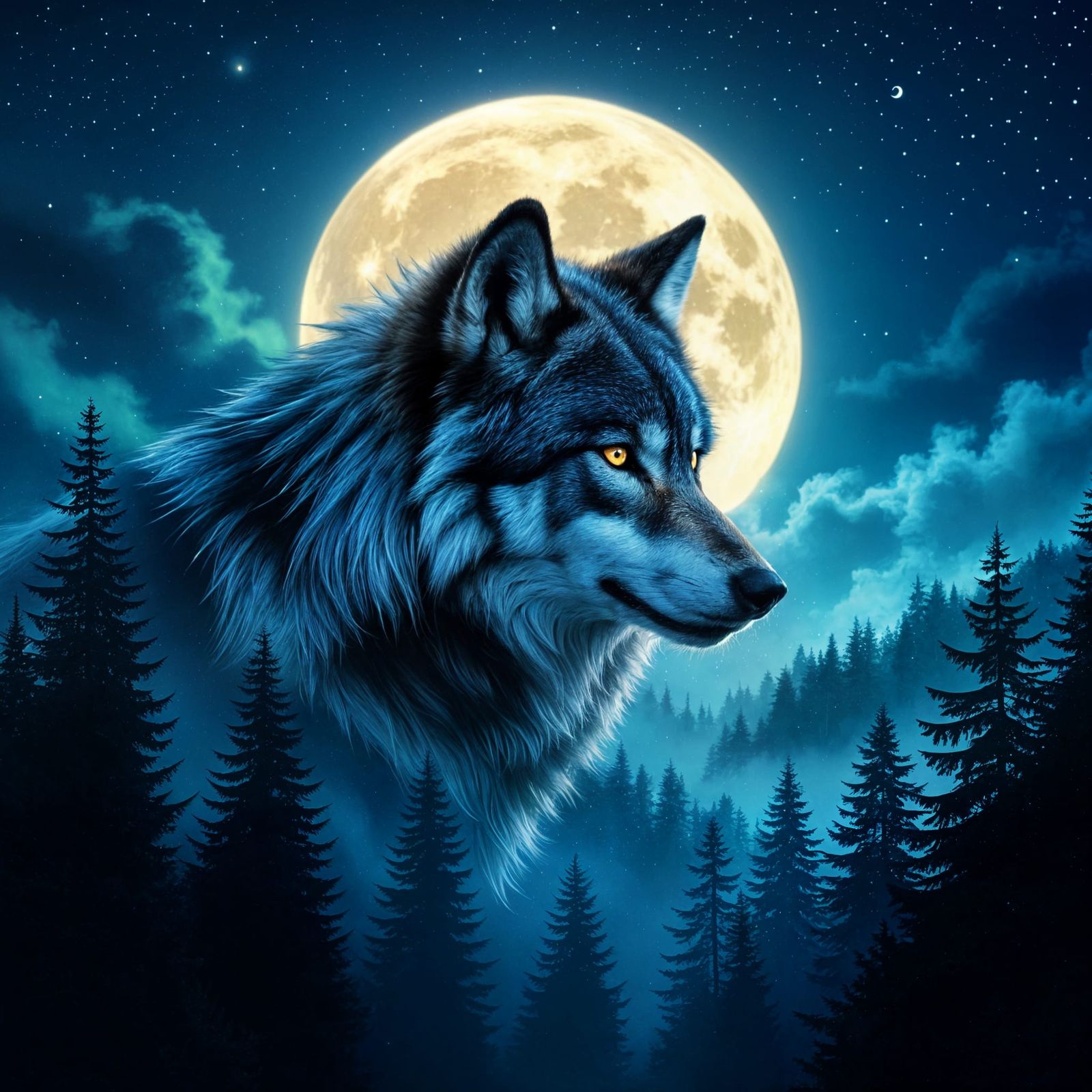 Majestic Wolf in Double Exposure Forest Landscape