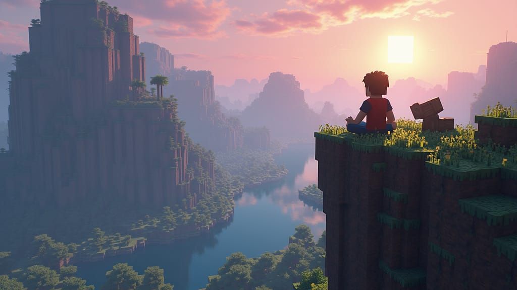 Steve in Deep Fantasy Landscape of Minecraft