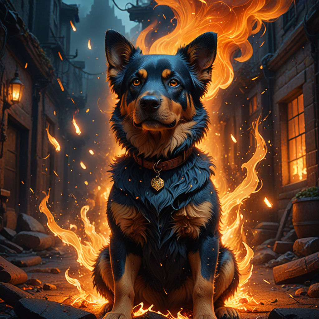 A Dog Surrounded by Fiery Sparks in a Vibrant, Epic Scene
