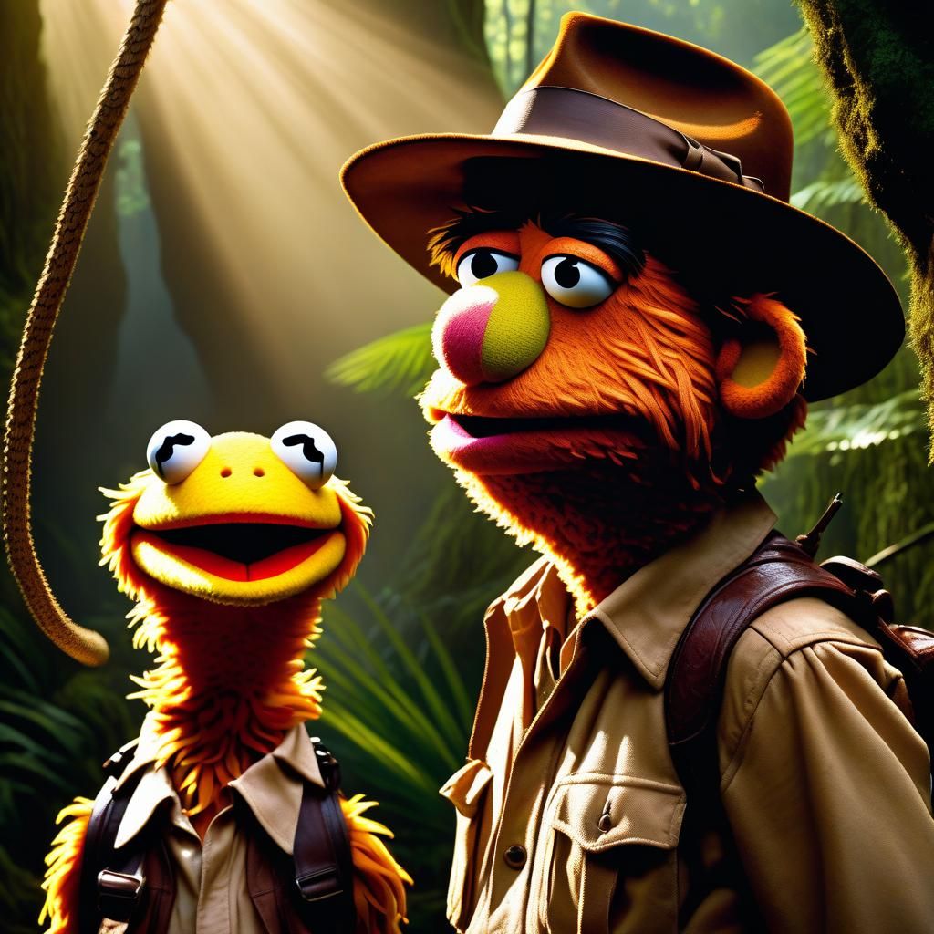 Muppet Indiana Jones Stares at Snake in Forest
