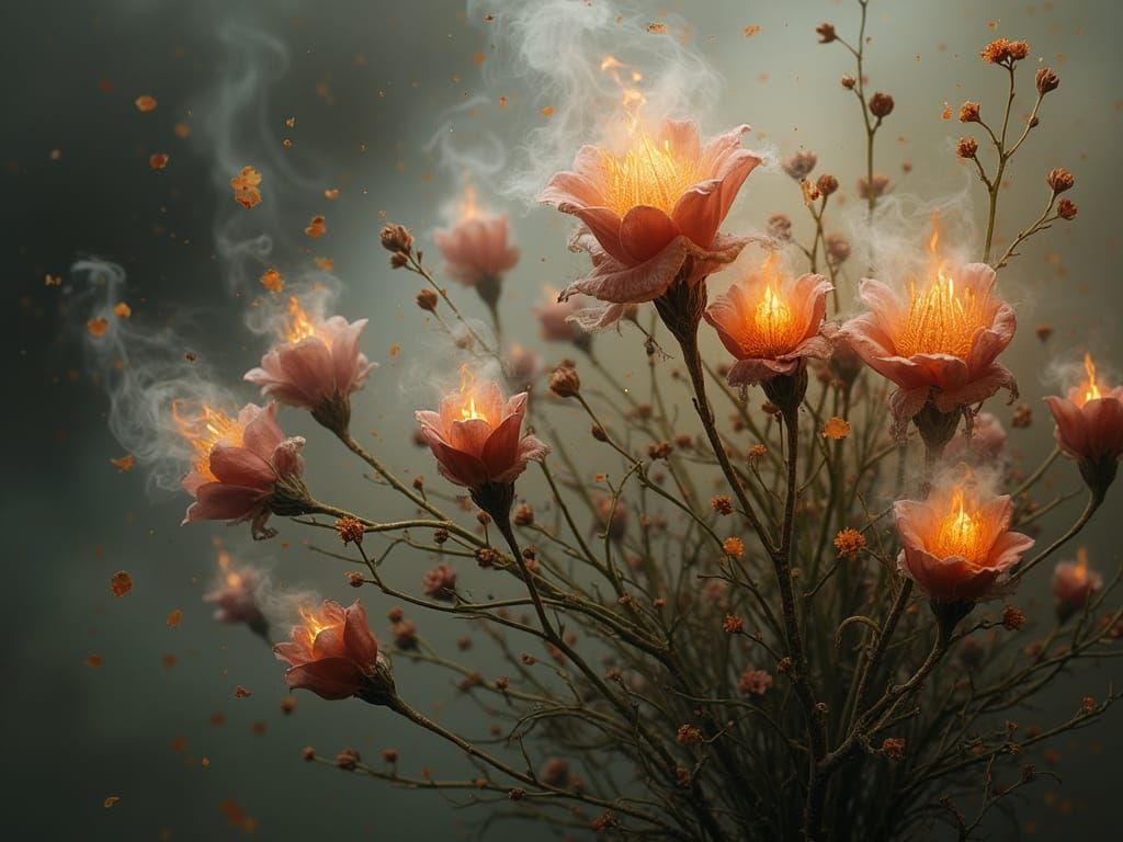 flower spirits of warm embers wreathed in smoke