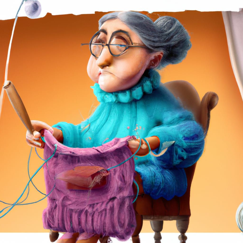 Old Lady Knitting: 3D Digital Art in Cartoon Style