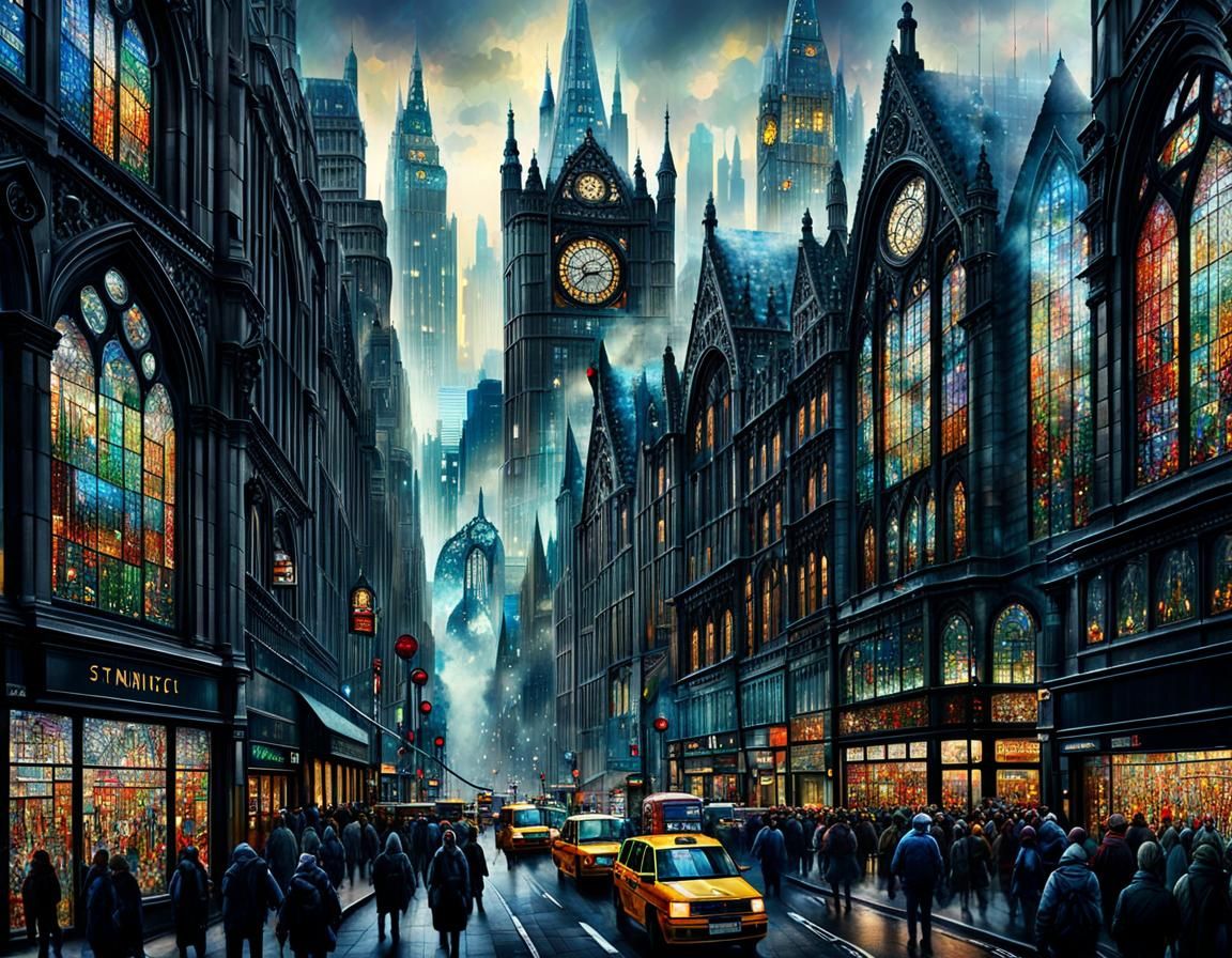 Stained Glass Cityscape: Hyperdetailed London Street