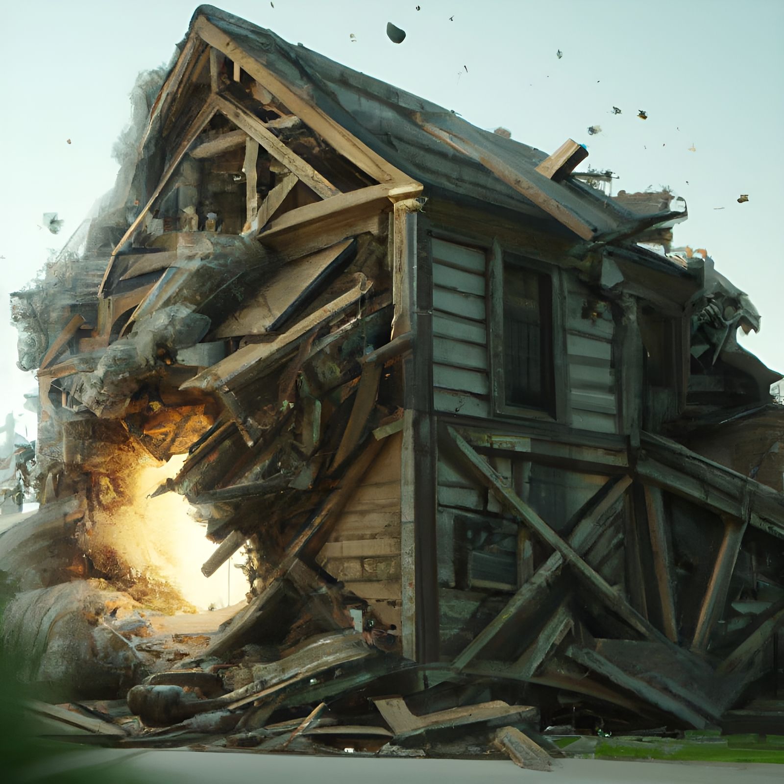 Dramatic Wooden House Implosion in Cel-Shaded 3D Art