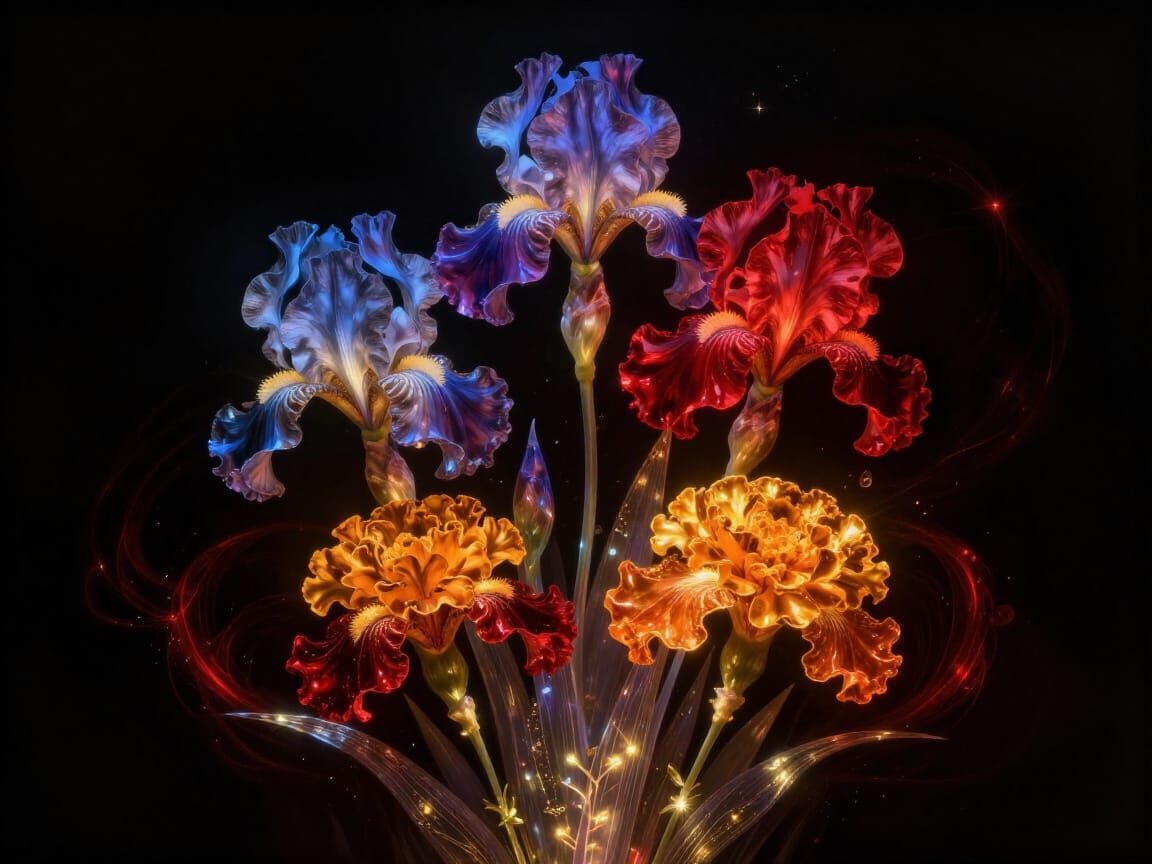 Ethereal Digital Flowers: Iris and Marigold in Cosmic Glow