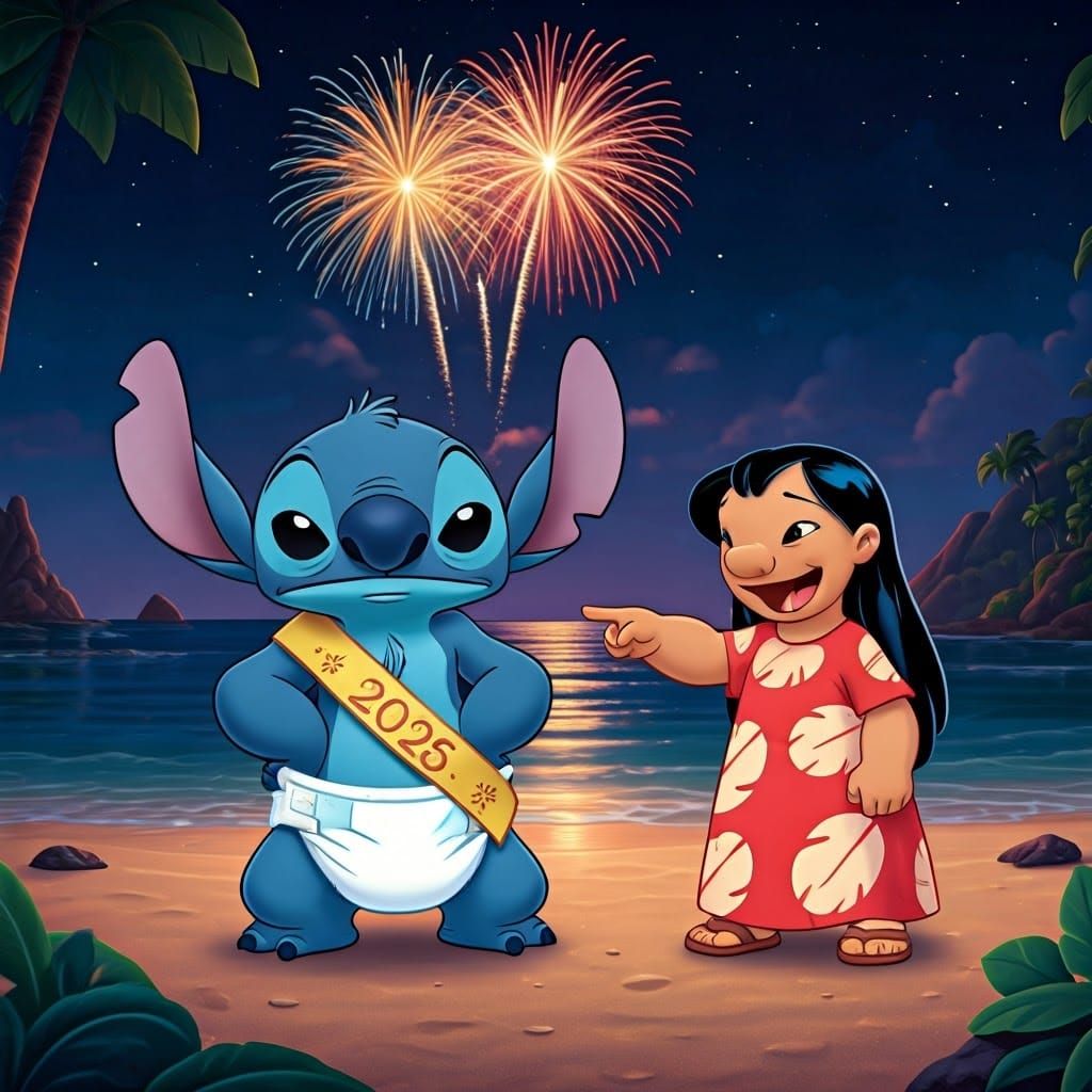 Stitch Celebrates New Year in Hawaiian Nighttime Scene