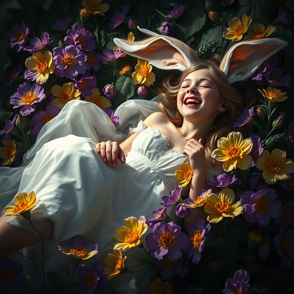 Bunny Woman in Floral Dark Fantasy, Alphonse Mucha Style