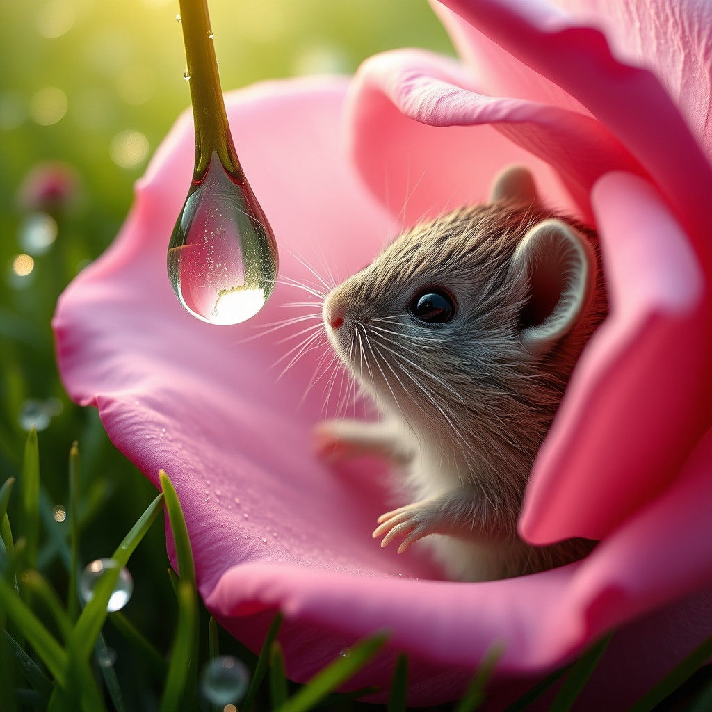 Vole Sniffs Dewdrop in Magical Hyperrealistic Scene