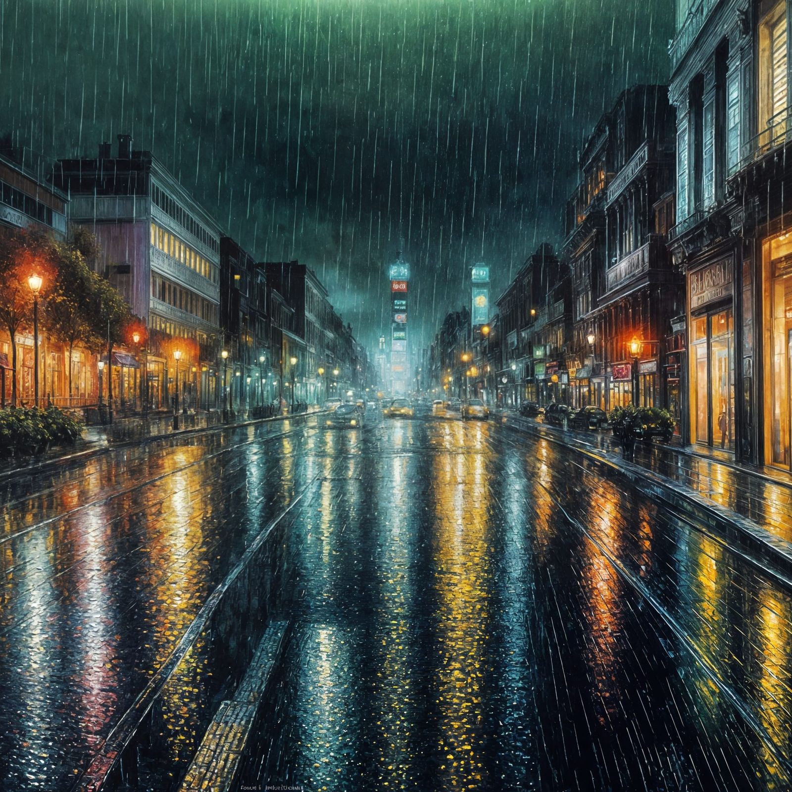 Rainy City Night in Impressionist Oil